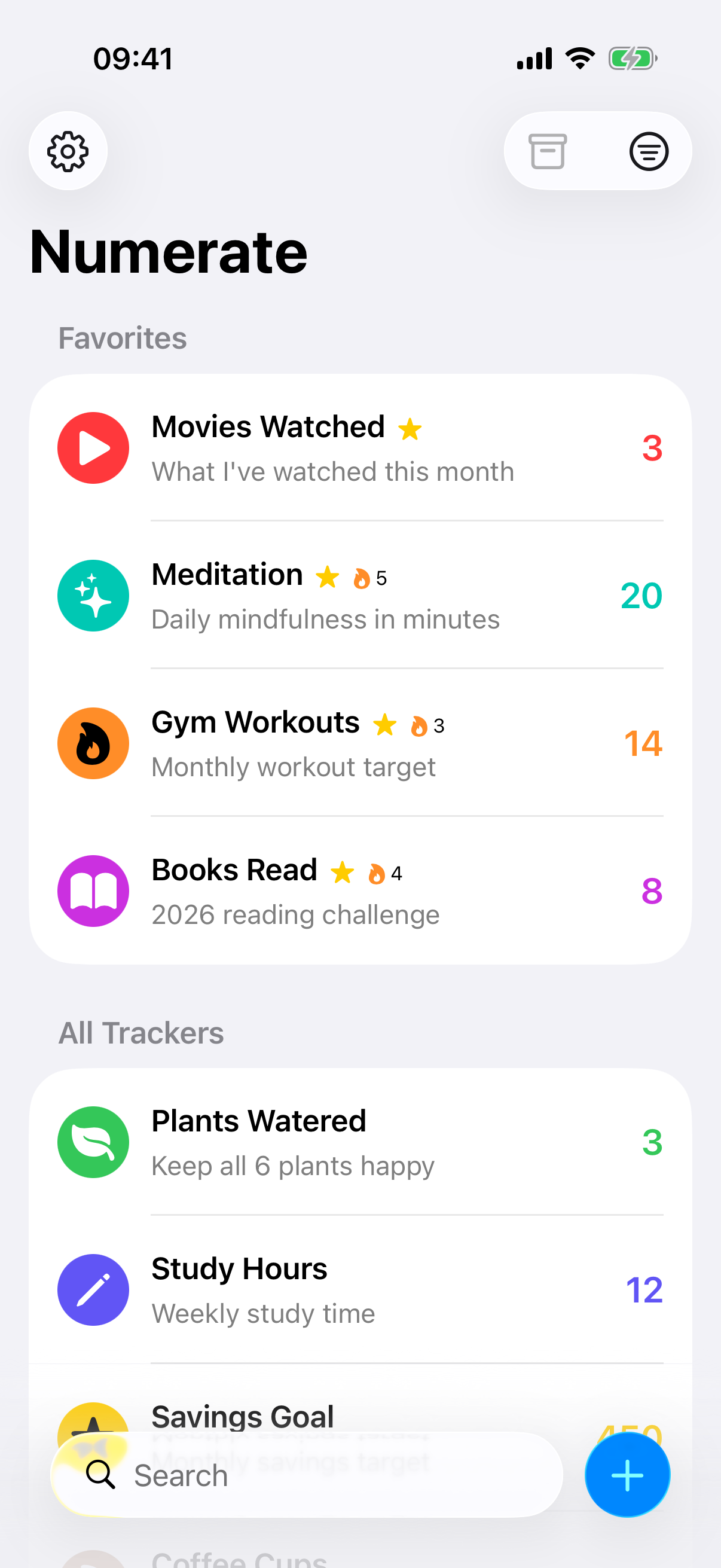 Numerate app showing tracker list with favorites and categories